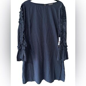Luxology Navy and White Striped Ruffled Long Sleeve Knee Length Dress